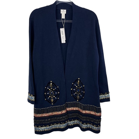 Chico's Embellished Elektra Navy Blue‎ Open Front Cardigan - Size 3/XL